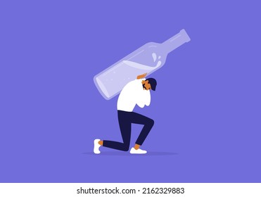 Alcoholism abuse concept. Man holding huge alcohol drink bottle on shoulders. Sad man carrying heavy alco addiction. Unhappy tired drunk male person, exhausted alcoholic. Drinker vector Illustration svg