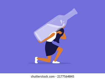 Alcoholism abuse vector Illustration. Woman holding huge alcohol drink bottle on shoulders. Sad unhappy female person carrying heavy alco addiction. Social issue concept, drunk wife, alcoholic mother