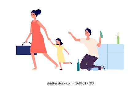 Alcoholism addiction. Drunk man, angry woman and sad girl. Wife with daughter leave husband. Divorce, quarrel in family vector illustration