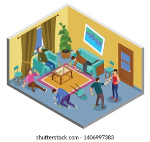 Alcoholism addiction isometric composition with problem uncontrollable drinking home people fighting abusing spouse falling unwell vector illustration 