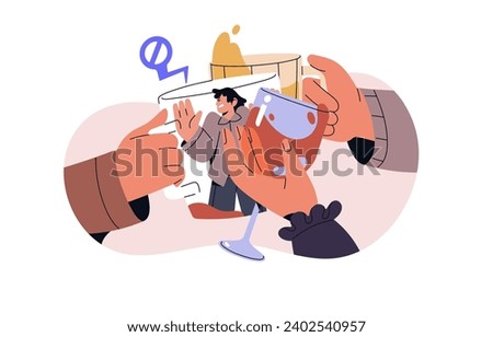 Alcoholism addiction problems concept. Tiny character in glass try to stop drink alcohol, suffer from harmful booze abuse. Drunk people cheers. Flat isolated vector illustration on white background