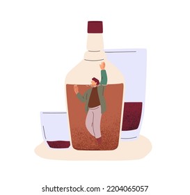 Alcoholism, alcohol use disorder, abuse, excess concept. Drunken addicted man, drunkard in slavery, addiction with alcoholic drink. Flat graphic vector illustration isolated on white background