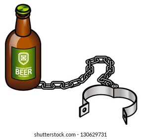 Alcoholism concept: a bottle of beer with shackles/manacles.