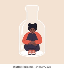 Alcoholism concept. Depressed african Woman sitting on bottom of bottle and hugging her knees. Girl with Pernicious Habits Addiction and Substance Abuse. Vector illustration in flat cartoon style.