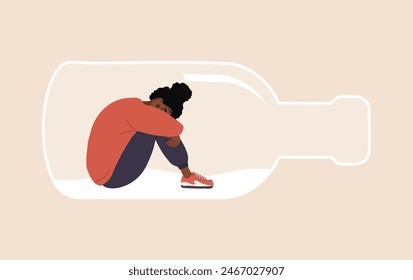 Concepto de alcoholismo. Mujer africana deprimida sentada en el fondo de la botella y abrazando sus rodillas. Chica con Hábitos Perniciosos Adicción y Abuso de Sustancias. Ilustración vectorial en estilo de dibujos animados planos.