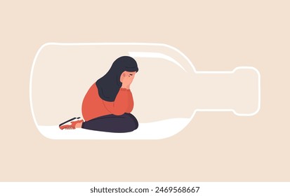 Alcoholism concept. Depressed arabian Woman sitting on bottom of bottle. Girl with Pernicious Habits Addiction and Substance Abuse. Vector illustration in flat cartoon style.