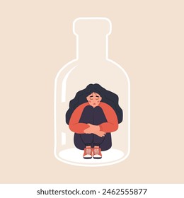 Alcoholism concept. Depressed Woman sitting on bottom of bottle and hugging her knees. Girl with Pernicious Habits Addiction and Substance Abuse. Vector illustration in flat cartoon style.