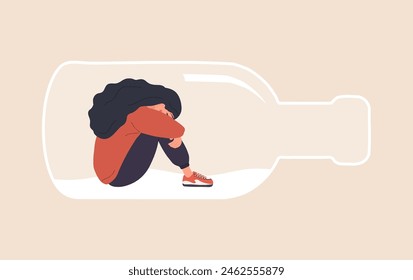 Alcoholism concept. Depressed Woman sitting on bottom of bottle and hugging her knees. Girl with Pernicious Habits Addiction and Substance Abuse. Vector illustration in flat cartoon style.