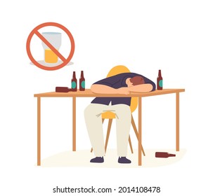 Alcoholism Concept. Drunk Man Hangover Syndrome due to Alcohol Addiction. Male Character Sleeping on Table with Empty Bottles around. Pernicious Habits, Substance Abuse. Cartoon Vector Illustration