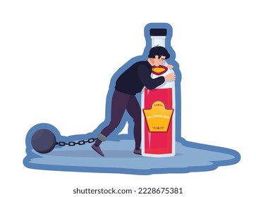 Concepto de alcoholismo. Hombre borracho abrazando la botella. La resaca. Abuso de alcohol. Mal hábito. No puedo dejar de beber.  Ilustración vectorial plana de bebedores adictos.