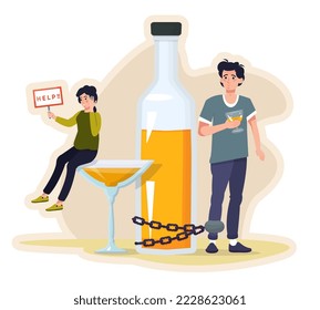 Alcoholism concept. Drunken man and woman. People with alcohol abuse. Man with a glass chained to the bottle. Woman asking for help. Addicted drinkers flat vector illustration.