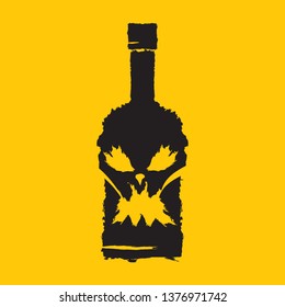 alcoholism concept illustration with scary face on bottle of alcohol. Vector alcohol abuse concept