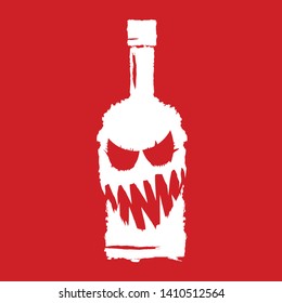alcoholism concept illustration with scary face on bottle of alcohol isolated on red background. Vector alcohol abuse concept 