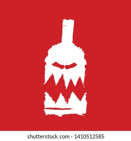 alcoholism concept illustration with scary face on bottle of alcohol isolated on red background. Vector alcohol abuse concept 