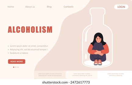 Alcoholism concept. Landing page template. Depressed arabian Woman sitting on bottom of bottle. Girl with Substance Abuse. Vector illustration in flat cartoon style.