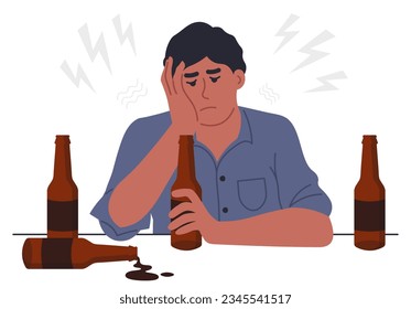 Alcoholism Concept. Man With Beer Bottles. Vector Illustration In Flat Style