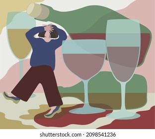 Alcoholism concept. Person between wine bottles and glasses. alcohol addiction, headache and loss of balance. Woman alcoholism.