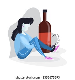 Alcoholism concept. Person chained to the glass bottle of drink. Alcohol addiction and danger for health. Vector illustration in cartoon style