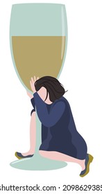 Alcoholism concept. Person leaning on a glass of wine. Alcohol addiction, intoxication and loss of orientation. Woman alcoholism.