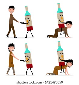 Alcoholism concept set. Comic picture of a bottle of alcohol enslaves a man and a woman. Alcohol addiction. Vector illustration isolated on white background, flat style.