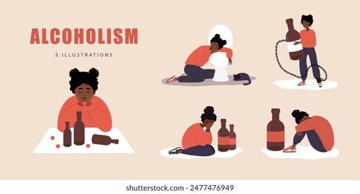 Concepto de alcoholismo. Conjunto de mujeres africanas deprimidas con adicción al alcohol. Concepto de alcohol. Hábitos peligrosos. Personas que sufren de la bebida fuerte. Ilustración vectorial en estilo de dibujos animados planos.