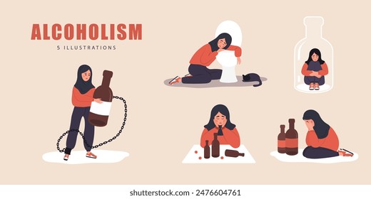 Alcoholism concept. Set of depressed arab female characters with alcohol addiction. Booze concept. Dangerous Habits. People suffering from hard drinking. Vector illustration in flat cartoon style.