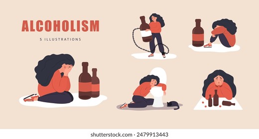 Alcoholism concept. Set of depressed female characters with alcohol addiction. Booze concept. Dangerous Habits. People suffering from hard drinking. Vector illustration in flat cartoon style.