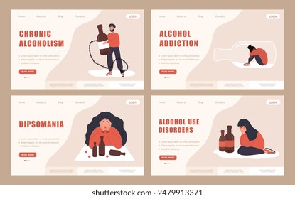 Alcoholism concept. Set of Landing page template. Depressed Characters with Alcohol Addiction. People with Substance Abuse. Vector illustration in flat cartoon style.