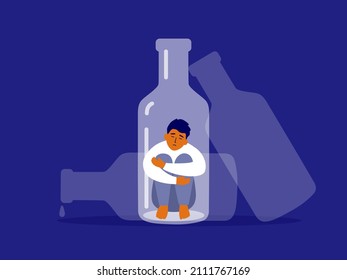 Alcoholism concept. Unhappy man sitting at bottle bottom hugging knees. Sad drunk male person, exhausted alcoholic guy. Social issue, abuse, addiction. Empty alcohol drink bottles vector Illustration