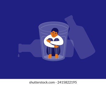 Alcoholism concept. Unhappy man sitting into drink glass hugging knees. Sad drunk male person, exhausted alcoholic guy. Social issue, alcohol abuse, addiction, depression. Booze vector Illustration svg