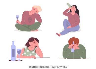 Alcoholism concept of women, men sitting with bottle of alcohol.