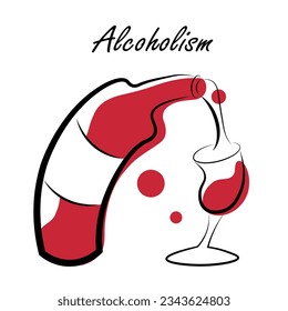 Alcoholism. A crooked bottle pours wine into a glass. Red wine. Vector illustration in doodle style
