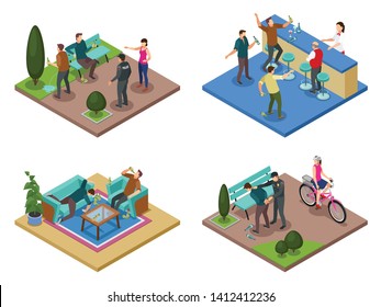 Alcoholism dependance concept 4 isometric compositions with uncontrollable drinking public antisocial abusive behavior aggression isolated vector illustration  