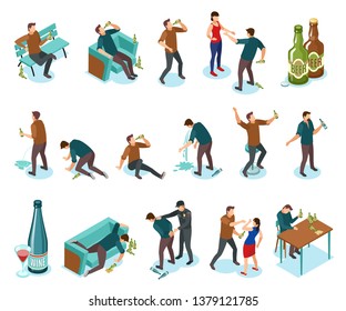 Alcoholism dependance features symptoms people isometric icons set with wine bottles drinking domestic violence nausea vector illustration