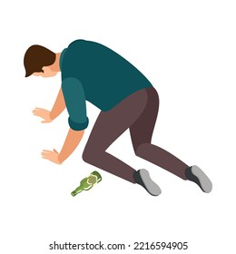 Alcoholism dependance isometric icon with drunk man on his knees 3d vector illustration