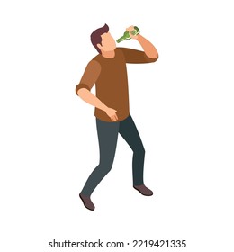 Alcoholism dependance isometric icon with drunk man drinking beer from bottle 3d vector illustration