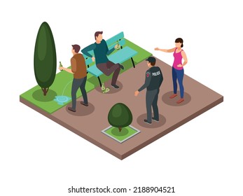 Alcoholism dependence composition with policeman going to arrest men drinking in park 3d isometric vector illustration