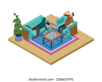 Alcoholism dependence concept composition with two drunk man at home 3d isometric vector illustration