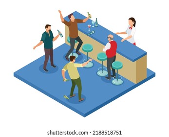 Alcoholism dependence isometric composition with drunk men going wild in bar 3d vector illustration