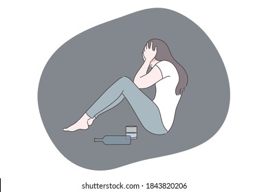 Alcoholism, depression, addiction, frustration, mental stress concept. Depressed frustrated woman alcoholic character sitting on floor with bottle of alcohol. Loneliness headache hangover illustration