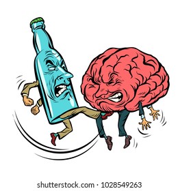 Alcoholism destroys the brain, drunk. fight bottle of vodka. Comic book cartoon pop art retro illustration vector svg
