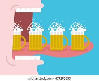 Alcoholism. Drinking many beer. Man drinks malt. Wide open mouth with teeth and tongue
