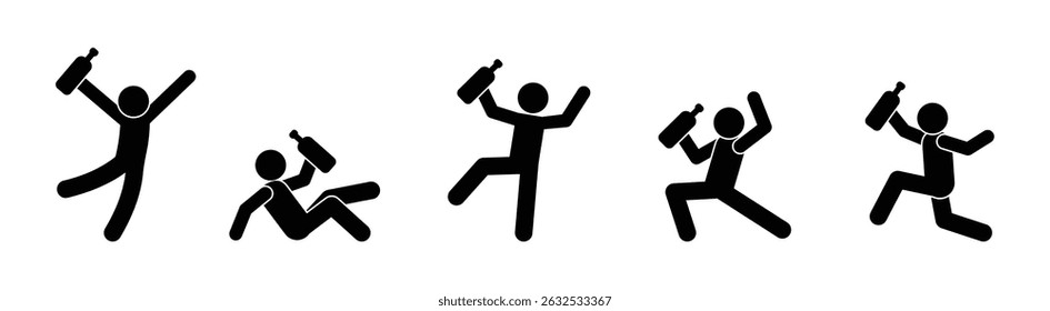 Alcoholism, drinking people icon set, drunk people pose, man holding bottle, stickman stick figure