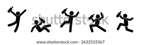 Alcoholism, drinking people icon set, drunk people pose, man holding bottle, stickman stick figure