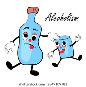 Alcoholism. Drunk bottle and glass. Vector illustration in doodle style.