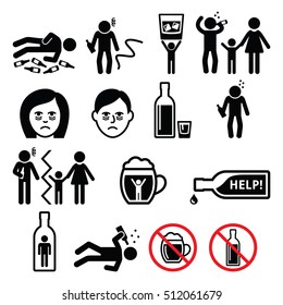 Alcoholism, drunk man, alcohol addiction icons 