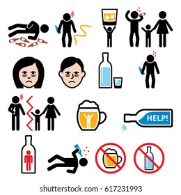 Alcoholism, drunk man, alcohol addiction icons 