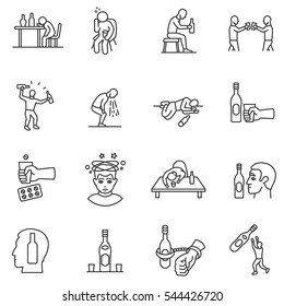 Alkoholismus, Betrunkenheit Symbole gesetzt. Hangover. Alkoholvergiftung, dünne Linie. Illustration betrunkener Menschen, Sammlung linearer Symbole. einzelne Vektorgrafik.