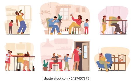 Alcoholism In Family Scenes with Drunk Parents And Unhappy Kids. Inebriated Mother or Father Characters Ignoring their Unhappy Children while drinking Wine. Cartoon People Vector Illustration