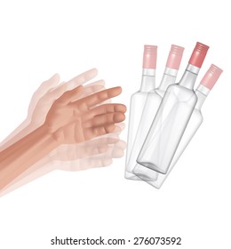 Alcoholism. Hand trying to reach bottle of alcohol. Vector illustration